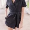 Hailey Short Sleeve Lapel Collar Waist Tie Romper Black