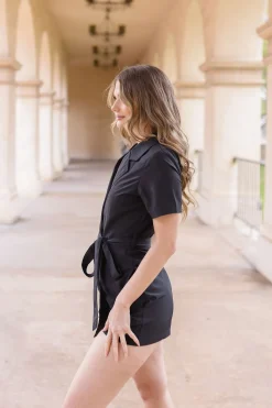 Hailey Short Sleeve Lapel Collar Waist Tie Romper Black