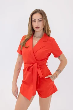 Hailey Short Sleeve Lapel Collar Waist Tie Romper Red