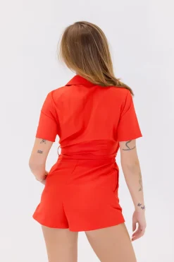 Hailey Short Sleeve Lapel Collar Waist Tie Romper Red