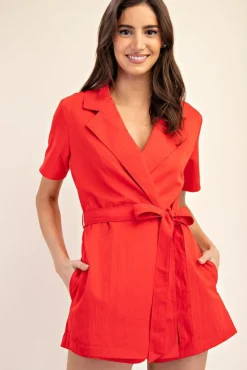 Hailey Short Sleeve Lapel Collar Waist Tie Romper Red
