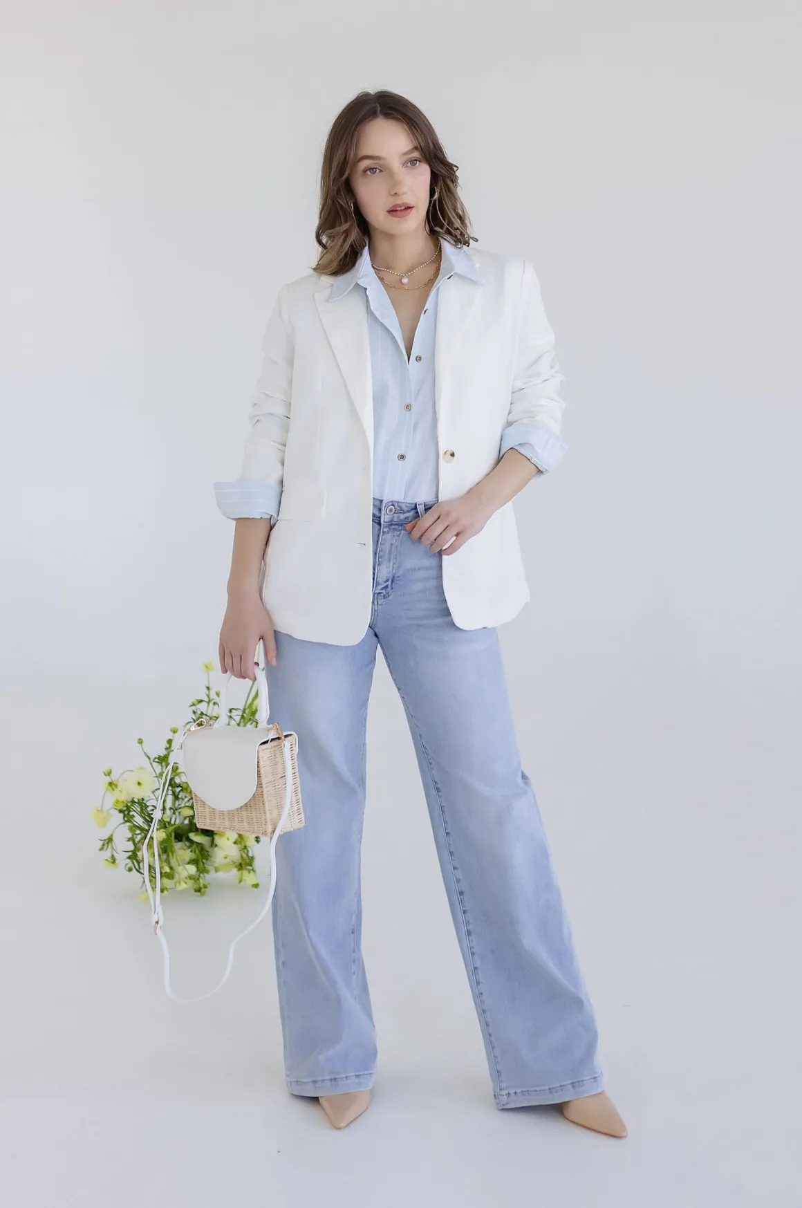 Halle Long Sleeve Notched Lapel Linen Blazer White