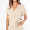 Harper Short Sleeve Stripe Print Waist Tie Linen Romper Natural