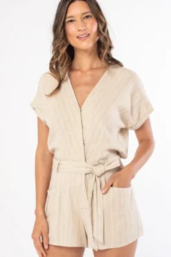 Harper Short Sleeve Stripe Print Waist Tie Linen Romper Natural