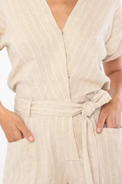 Harper Short Sleeve Stripe Print Waist Tie Linen Romper Natural