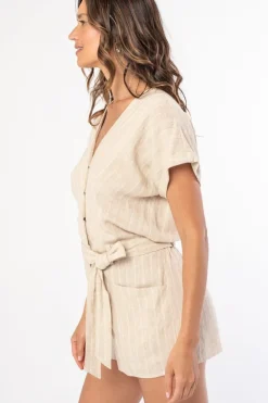 Harper Short Sleeve Stripe Print Waist Tie Linen Romper Natural