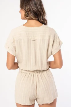 Harper Short Sleeve Stripe Print Waist Tie Linen Romper Natural