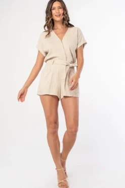 Harper Short Sleeve Stripe Print Waist Tie Linen Romper Natural