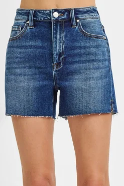 Haven High Rise Raw Hem Denim Shorts Dark Wash