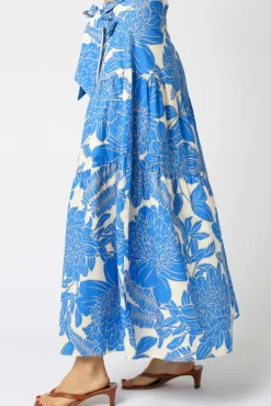 Heidi High Waist Tie Floral Print Maxi Skirt Blue