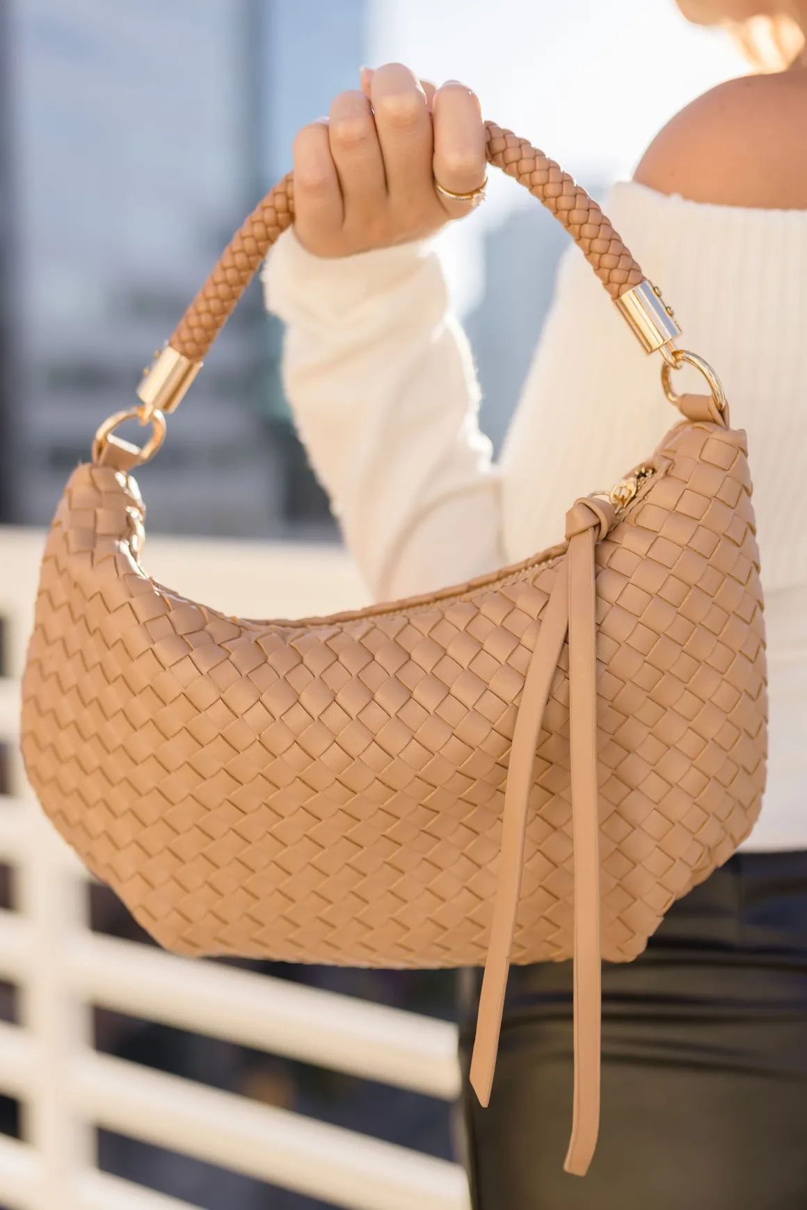 Hensley Basket Weave Shoulder Purse Brown