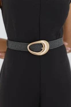 Holly Oval Buckle Straw Waist Belt Black