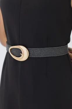 Holly Oval Buckle Straw Waist Belt Black
