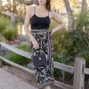 Isadora High Waist Floral Print Linen Wrap Midi Skirt Black