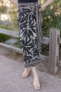 Isadora High Waist Floral Print Linen Wrap Midi Skirt Black