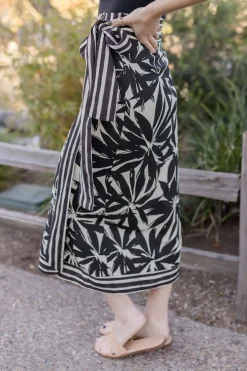Isadora High Waist Floral Print Linen Wrap Midi Skirt Black