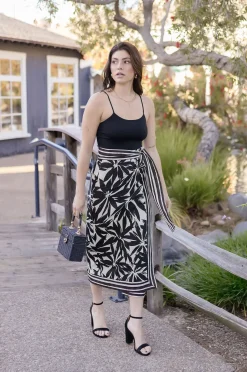 Isadora High Waist Floral Print Linen Wrap Midi Skirt Black