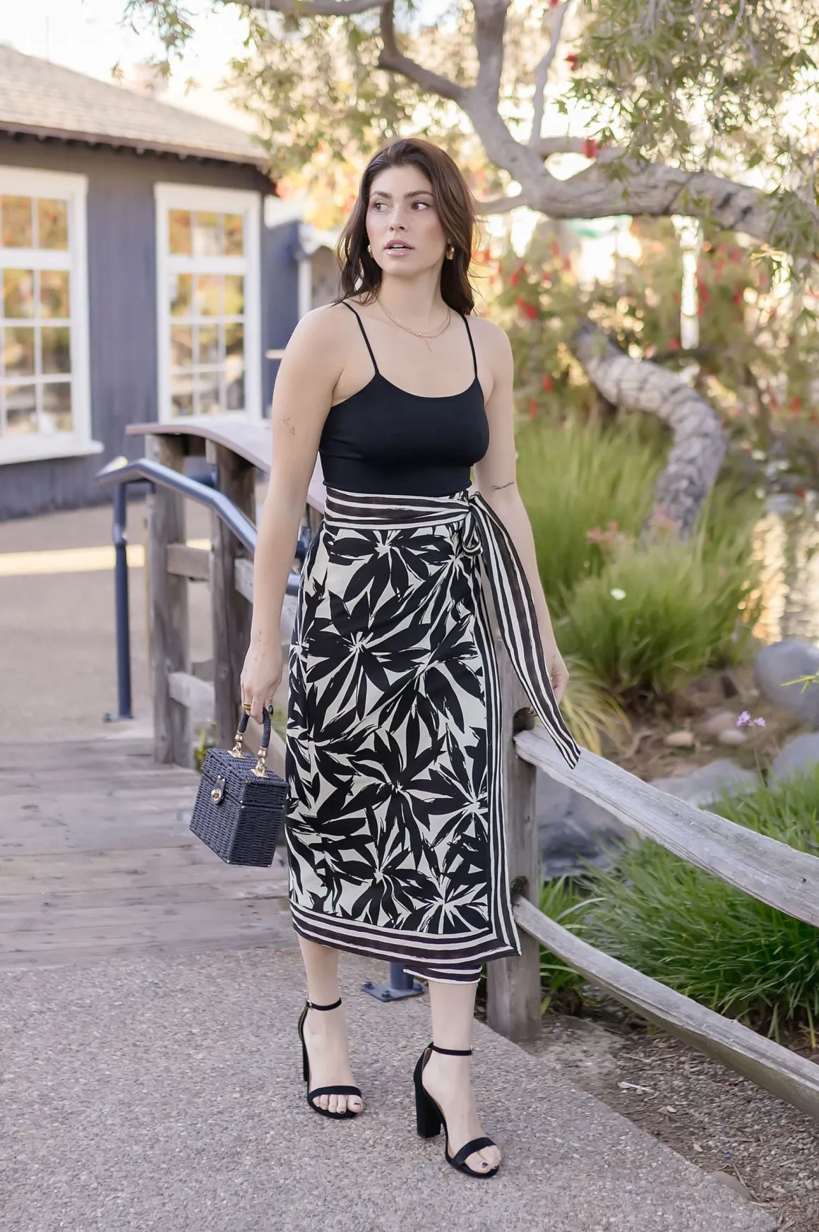 Isadora High Waist Floral Print Linen Wrap Midi Skirt Black
