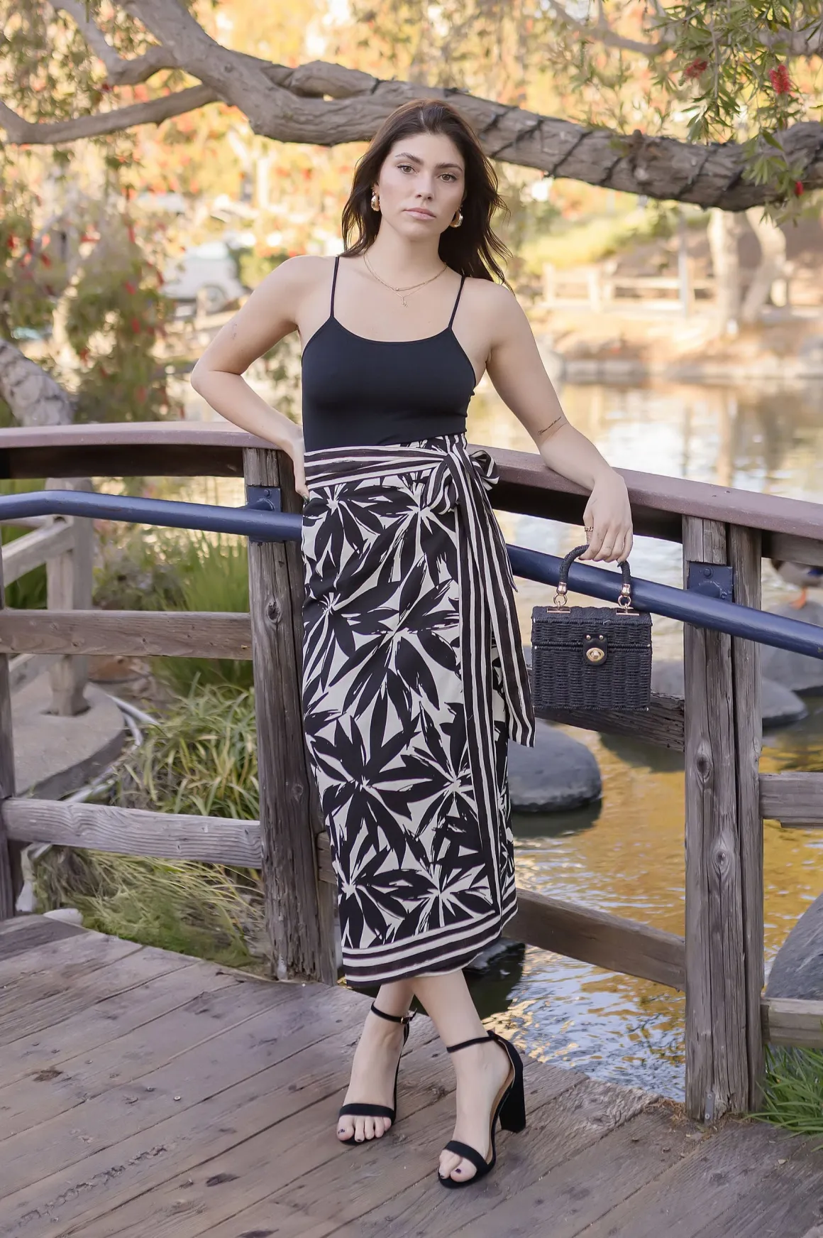 Isadora High Waist Floral Print Linen Wrap Midi Skirt Black