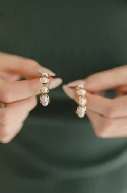 Jade Pearl Beaded Hoop Earrings Gold