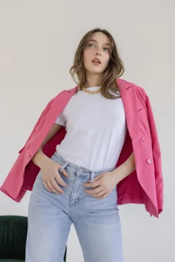 Jamie Long Sleeve Notched Lapel Double Breasted Blazer Pink