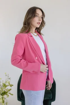 Jamie Long Sleeve Notched Lapel Double Breasted Blazer Pink