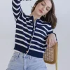 Jana Long Sleeve Button Down Stripe Print Cardigan Navy