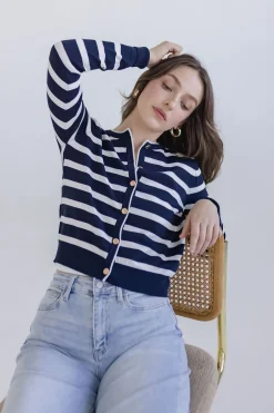 Jana Long Sleeve Button Down Stripe Print Cardigan Navy