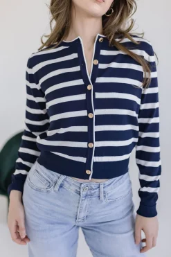 Jana Long Sleeve Button Down Stripe Print Cardigan Navy