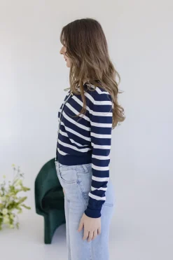 Jana Long Sleeve Button Down Stripe Print Cardigan Navy