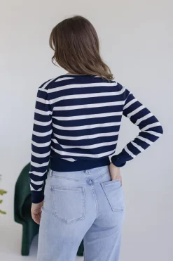 Jana Long Sleeve Button Down Stripe Print Cardigan Navy
