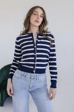 Jana Long Sleeve Button Down Stripe Print Cardigan Navy