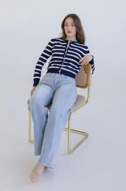 Jana Long Sleeve Button Down Stripe Print Cardigan Navy