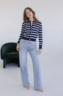 Jana Long Sleeve Button Down Stripe Print Cardigan Navy