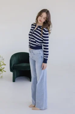 Jana Long Sleeve Button Down Stripe Print Cardigan Navy