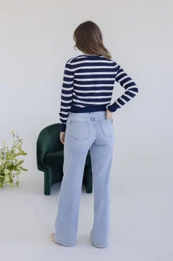 Jana Long Sleeve Button Down Stripe Print Cardigan Navy