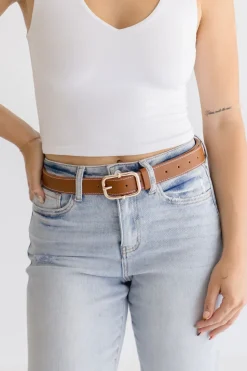 Jane Contrast Stitched Knob Bar Buckle Belt Cognac
