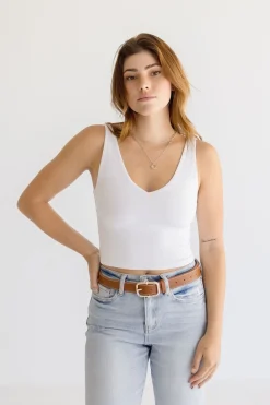 Jane Contrast Stitched Knob Bar Buckle Belt Cognac