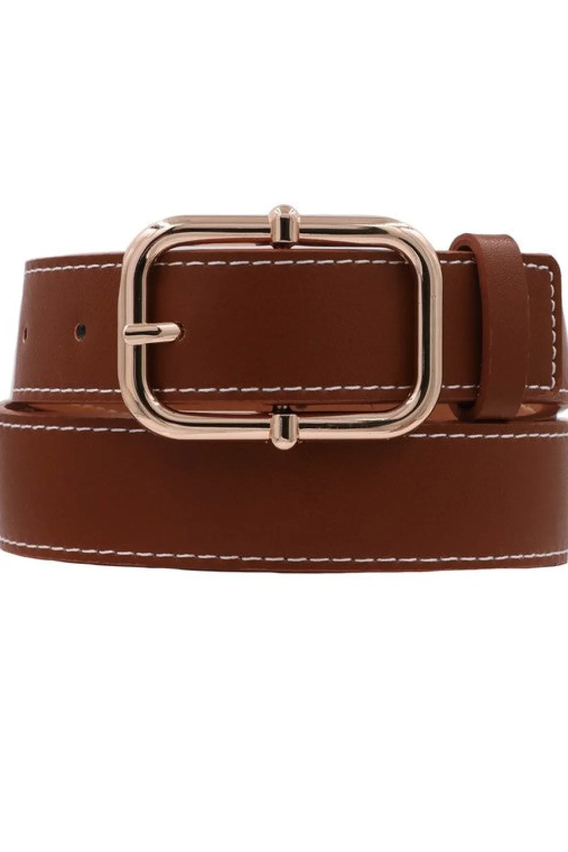 Jane Contrast Stitched Knob Bar Buckle Belt Cognac