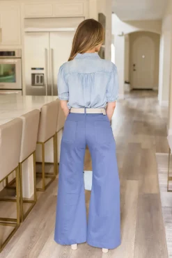 Janessa Short Puff Sleeve Button Down Chambray Top Blue