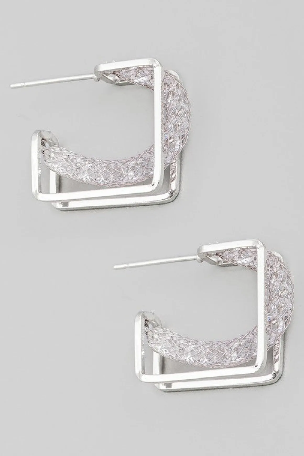 Jaye Metallic Mesh Square Hoop Earrings Silver