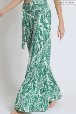 Jeanette High Waist Tie Paisley Print Wide Leg Pants Green