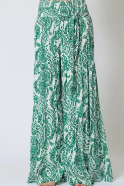 Jeanette High Waist Tie Paisley Print Wide Leg Pants Green