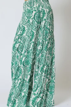 Jeanette High Waist Tie Paisley Print Wide Leg Pants Green