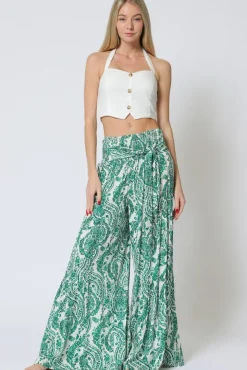 Jeanette High Waist Tie Paisley Print Wide Leg Pants Green