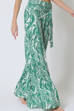 Jeanette High Waist Tie Paisley Print Wide Leg Pants Green