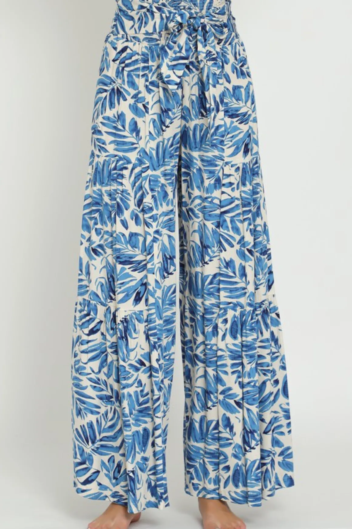 Jeanette High Waist Tie Tropical Print Wide Leg Pants Blue