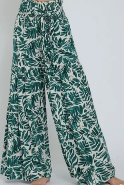 Jeanette High Waist Tie Tropical Print Wide Leg Pants Green