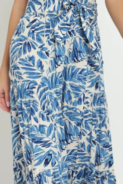 Jeanette High Waist Tie Tropical Print Wide Leg Pants Blue