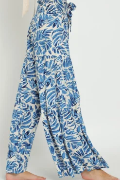 Jeanette High Waist Tie Tropical Print Wide Leg Pants Blue